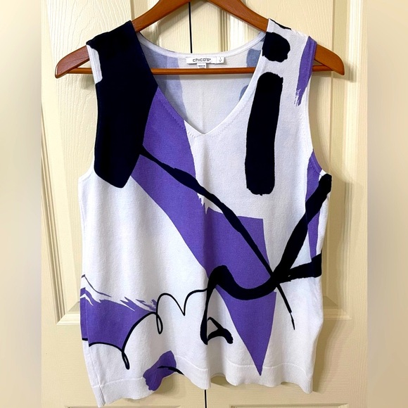Chico's Tops - Chico's Abstract Print Purple & White Sleeveless V-Neck Sweater Tank Top(M)